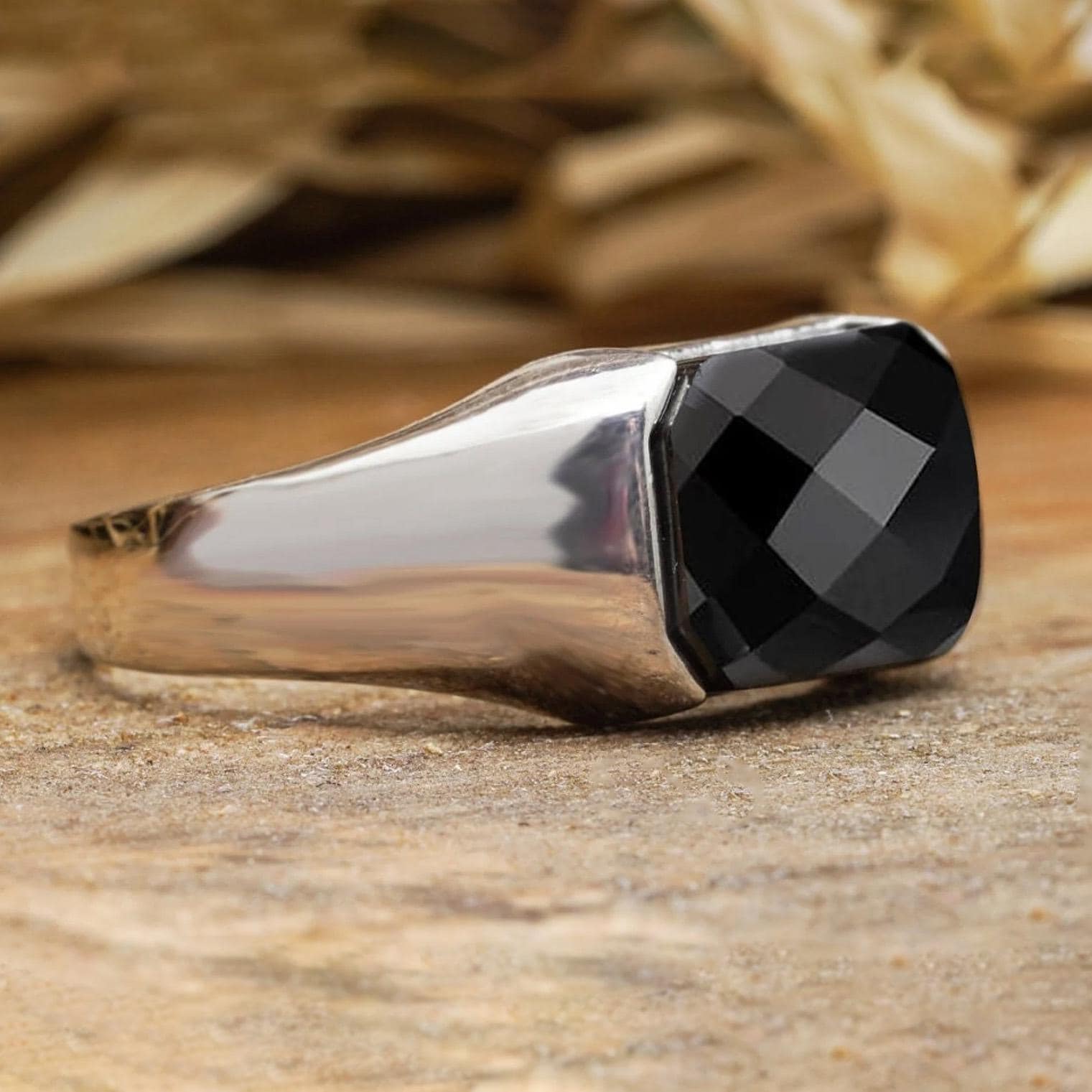 Rectangle Black Onyx Ring – 925 Silver Handmade Men's Ring | Bold Black Stone Jewelry | Engraved Silver Ring| Groomsman or Anniversary