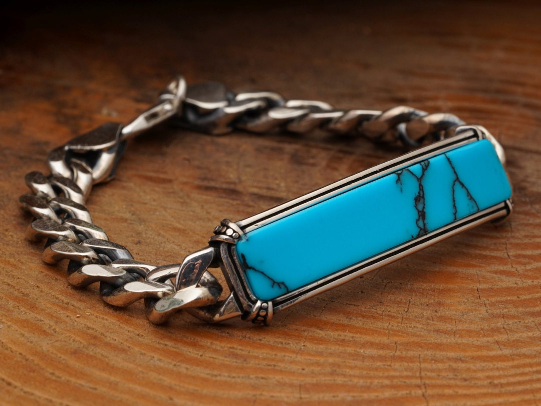 Blue Turquoise Bracelet / Turquoise Talisman / Bar Bracelet / Chain ...
