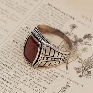Handmade 925 Sterling Silver Red Agate Ring - Mens Gemstone Jewelry