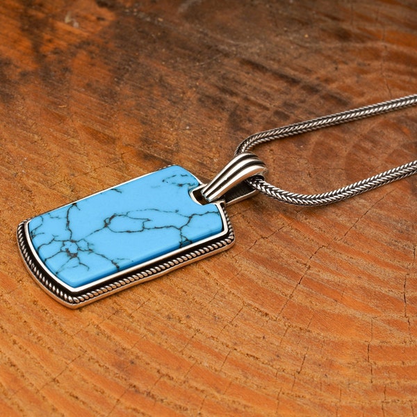 Turquoise Bar Pendant / Gemstone Silver Necklace / Silver Pendant / Bar Pendant / 925K / Chained Pendant / Men's Jewelry / Gift For Him