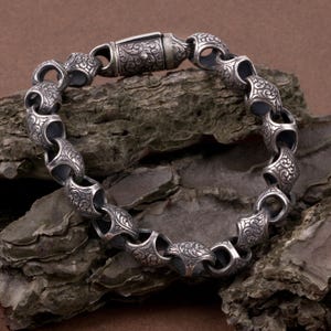 Oxidized Sterling Silver Cuban Link Bracelet: Vintage Engraved Boho Chain