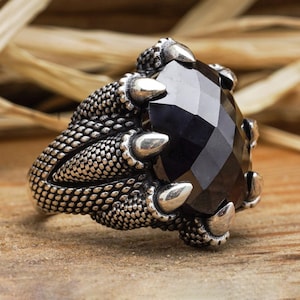 Black Onyx Claw Ring: Handmade 925 Sterling Silver Turkish Jewelry