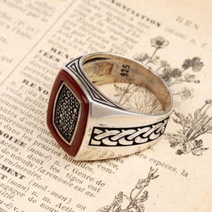 Handmade Red Agate Sterling Silver Mens Ring: Gemstone Jewelry