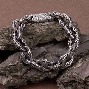 Oxidized Sterling Silver Cuban Link Bracelet: Engraved Mens Chain