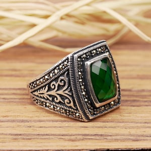 Green Stone Ring: Handmade 925 Sterling Silver Turkish Men&#39;s Jewelry