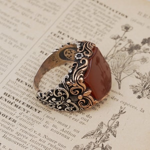 Vintage Red Agate 925 Sterling Silver Ring - Handmade Mens Jewelry