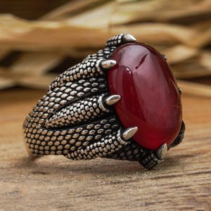 Handmade 925 Sterling Silver Red Agate Claw Ring - Mens Gemstone Jewelry