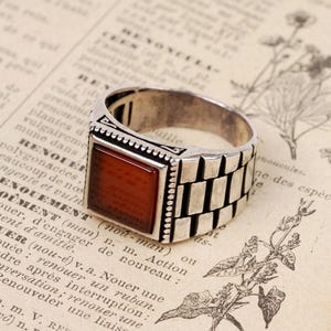 Red Agate Mens Ring: 925 Sterling Silver Handmade Jewelry