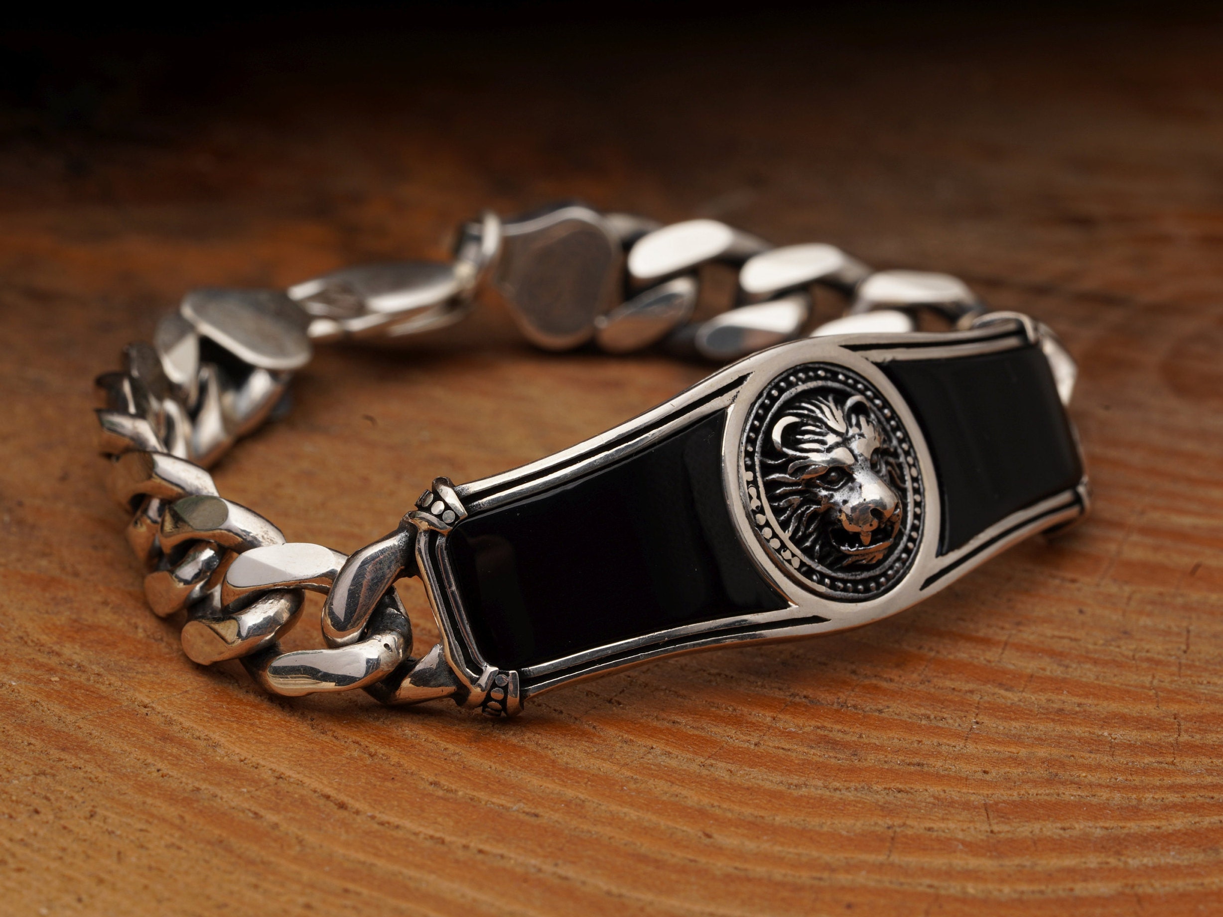 Male Lion Bracelet / Black Onyx Bracelet / Natural Gems Male Lion Bracelet / Black Onyx Bracelet / Natural Gems