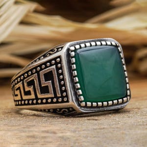 Handmade Green Agate Ring: 925 Sterling Silver Mens Jewelry