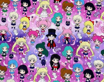 May include: A repeating pattern featuring anime characters in colourful outfits, set against a purple and white starry background. The design includes multiple characters with different hair colours and styles, along with cat and moon motifs.