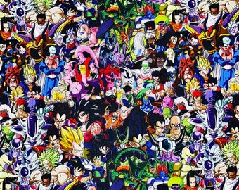 May include: A vibrant, colorful pattern featuring numerous characters from the Dragon Ball Z anime series. The design includes various characters in dynamic poses, with a mix of bright and dark colors, creating a busy, eye-catching design.