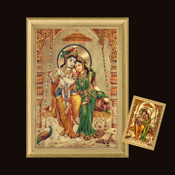 Radha Krishna on the Swing, Sticker and Print - Framed in a Golden Frame or Unframed