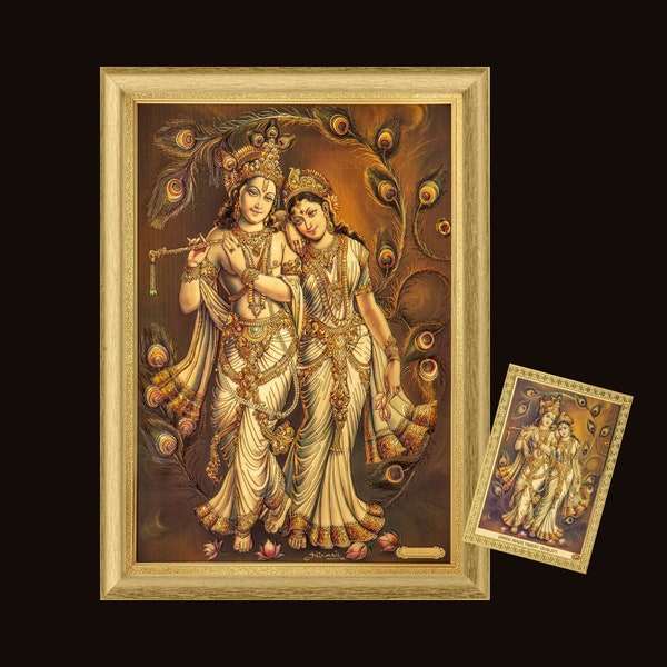 Radha Krishna with Peacock Feathers, Sticker and Print - Framed in a Golden Frame or Unframed