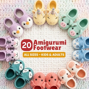 Könnte beinhalten: Eine Sammlung von 20 Amigurumi-Schuhen, darunter Hausschuhe in Form von Tieren wie Pinguinen, Einhörnern, Schweinen und Füchsen. Der Text lautet "ALL SIZES - KIDS & ADULTS". Die Hausschuhe sind in verschiedenen Farben erhältlich, darunter Gelb, Blau und Rosa.