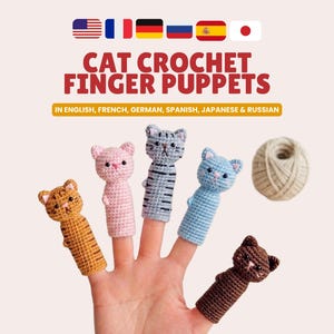 Könnte beinhalten: Eine Hand zeigt fünf gehäkelte Katzen-Fingerpuppen in verschiedenen Farben. Die Puppen sind braun, rosa, grau und blau. Rechts befindet sich ein Wollknäuel. Der Text "CAT CROCHET FINGER PUPPETS" steht oben.