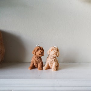 May include: Two small, brown and beige, dog-shaped candles. The candles are sitting on a white shelf.