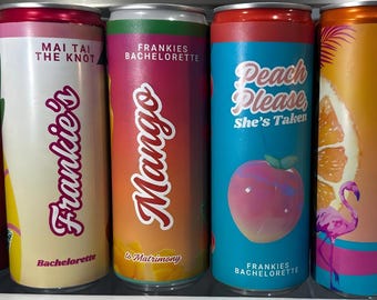 アラニ エナジードリンク バチェロレッテ ラベル バンドル | 編集可能なカスタム ドリンクラップ | 6つの洒落たウェディングテーマ | デジタル Canva テンプレート