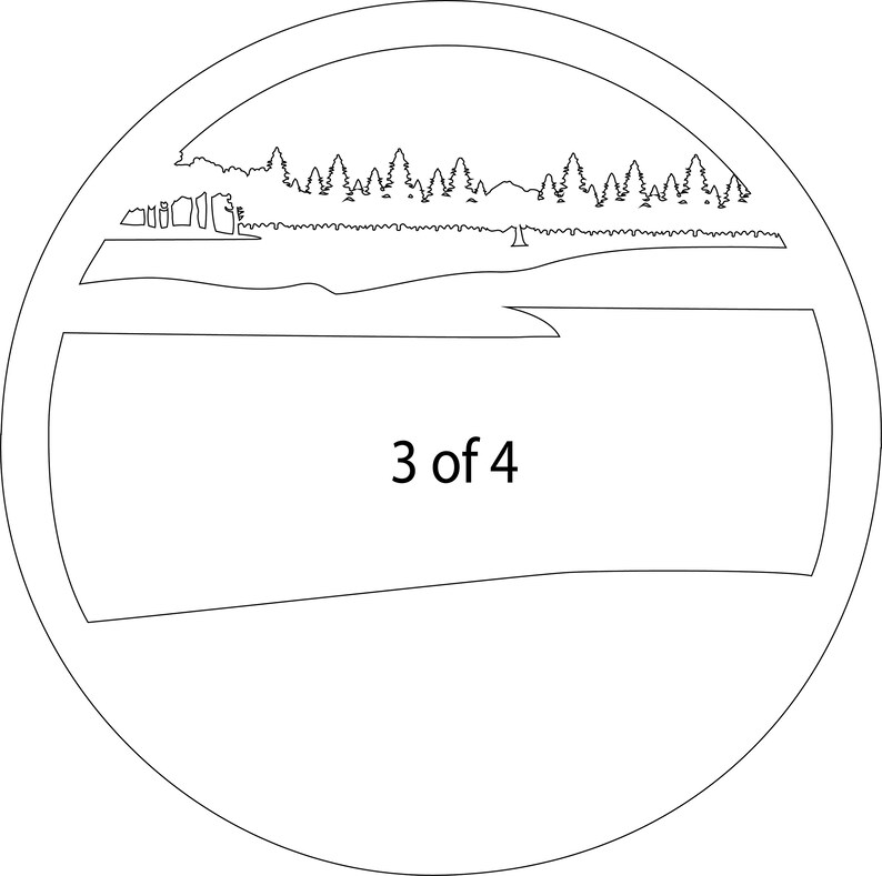 Puede incluir: Un dibujo en blanco y negro de un paisaje con &aacute;rboles, un r&iacute;o y el texto "3 de 4".