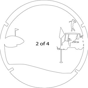 Puede incluir: Dibujo en blanco y negro de un campo de golf con un carrito de golf, un golfista y una bandera. El texto "2 de 4" est&aacute; impreso en la imagen.