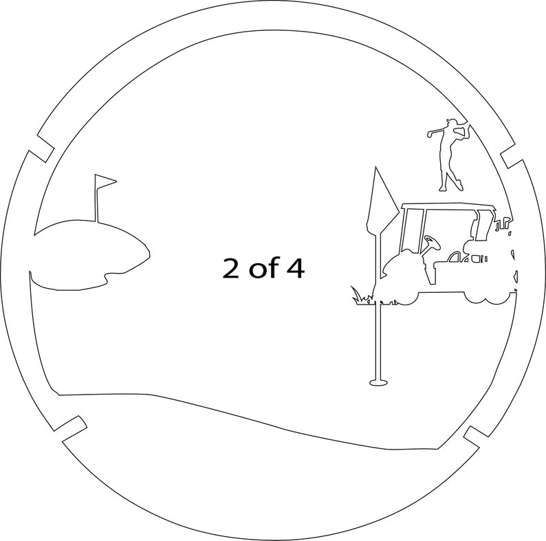 Puede incluir: Dibujo en blanco y negro de un campo de golf con un carrito de golf, un golfista y una bandera. El texto "2 de 4" est&aacute; impreso en la imagen.