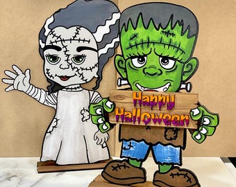Soportes de Halloween de Frankenstein y la Novia cortados con láser para decoración de Halloween