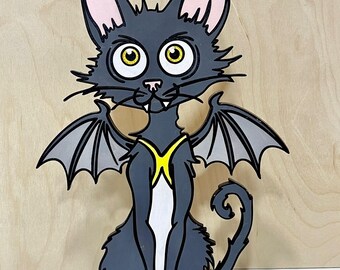 Gato gracioso con disfraz de murciélago de Halloween, decoración de Halloween cortada con láser