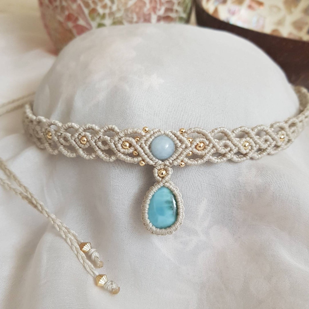 Macrame Lace Choker With Larimar and Aquamarine bohemian - Etsy