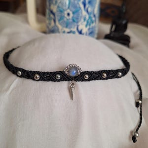 Bohemian Macrame Choker With Grey Labradorite,Black Macrame Choker,Boho Necklace,Adjustable Gemstoned Necklace
