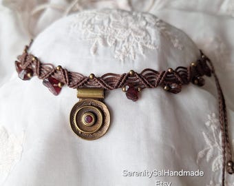 Bohemian Macrame Choker With Garnet Chips Beads,Woven Boho Choker,Adjustable Macrame Necklace,Hippie Jewelry,Boho Jewelry,Gypsy Necklace