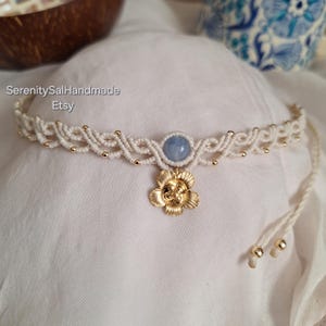 Bohemian Macrame Choker With Blue Quartz,Elegant Woven Lace Choker,Adjustable Macrame Necklace,Hippie Jewelry,Gemstone Macrame Necklace