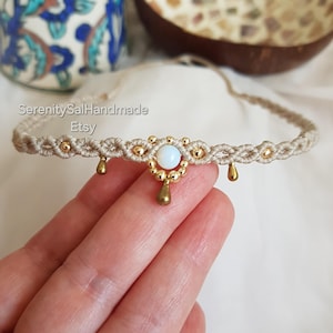 Bohemian Macrame Choker or Tiara With Opalite,Thiny Macrame Choker,Adjustable Macrame Necklace or Tiara,Boho Necklace,Hippie Choker