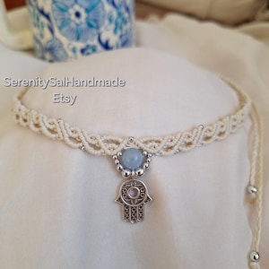 Bohemian Macrame Choker With Blue Quartz&Hamsa Charm,Woven Lace Choker,Adjustable Macrame Necklace,Hippie Jewelry,Gemstone Boho Necklace