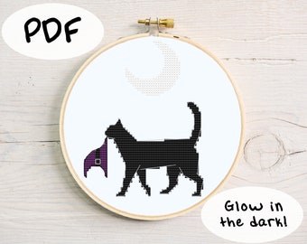 Halloween Cross Stitch. Cat Cross Stitch. Glow in the Dark Cross Stitch. Digital Cross Stitch. Cross Stitch Pattern.