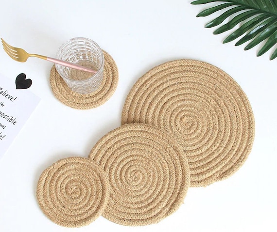 Nordic Jute Natural Hand Woven Cotton Rope Placemat Coaster Nordic Jute Natural Hand Woven Cotton Rope Placemat Coaster