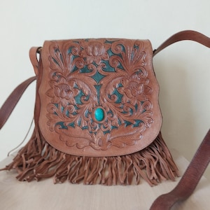 Borsa con frange Boho, borsa in pelle con frange Boho turchese, borsa a tracolla Boho, borsa a tracolla hippie da donna, borsa da cowboy vintage