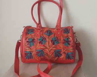Genuine leather top handle bag, embroidered handbag/shoulder bag, Vintage soft leather bag, Retro bag, Unique leather Handbag/Shoulder bag