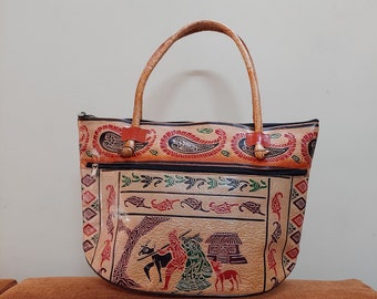 Handpainted leather bag, Hand Tooled 100% leather tote,Hippie boho women's bag,Vintage leather tote, Sheepskin leather, Unique leather bag