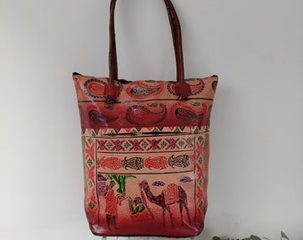 Hand Tooled 100% leather tote, Embossed dyed and handpainted Genuine leather bag, Hippie boho women's bag,Vintage leather tote, Unique bag