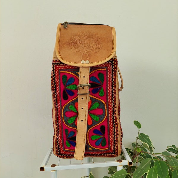 Womens Real Leather Backpack purse,Medium to Large Leather Backpack, RucksackBoho hippie leather bag, Embroidered leather Retro backpack