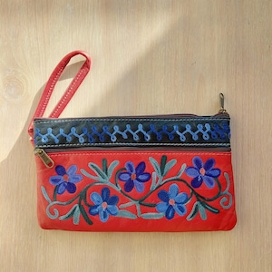 Cartera de cuero genuino con cremallera bohemia, bolsa de cosméticos, bolso de mano de cuero para viajes, bolso de mano étnico, bolsa de pasaporte para vacaciones, bolso bordado hecho a mano
