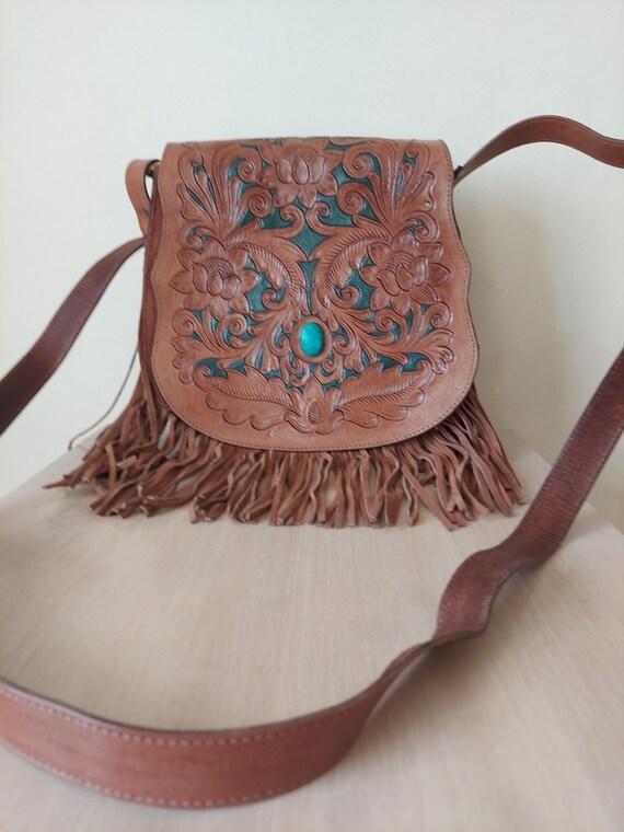 Vintage Turquoise Brown Women\'s Leather Crossbody Backpack VINTAGE VIBES Brown Leather Holster Bag with Turquoise and  main image 4
