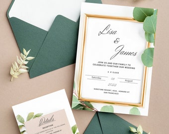 Greenery Wedding Invitation Set, Printable Wedding Invitation Template, Editable, Gold Wedding Invitation, Download, DIY CANVA Wedding