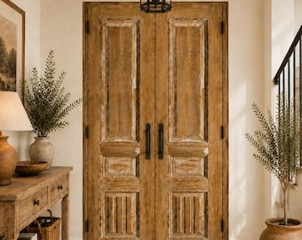 Puerta doble rústica de lujo / Puerta mediterránea de madera maciza hecha a mano / Entrada personalizada estilo casa de campo toscana