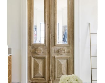 Antique French Double Wood Door with Glass, Rustic Single Doors,