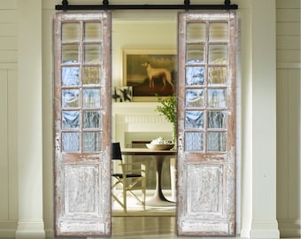 Antique Whitewashed Doors, Distressed Window Door, Wood French Door,Vintage Distressed Door,Distressed Barn Doors With Multiple Window Panes