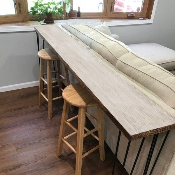 Mesa de bar de madera maciza con patas de horquilla, sofá bar, vinoteca, mesa de madera, mesa de entrada, mesa de buffet, mesa de sofá para el hogar