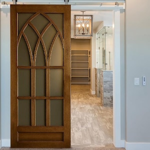 Vintage Gothic Sliding Barn Door, Rustic Arched French Door with Frosted Glass, Handcrafted Solid Custom Size Door, Antique Arched Door