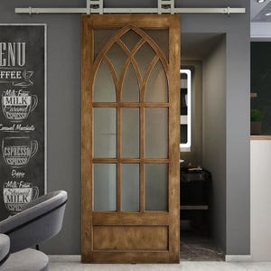 French Arched Glass Barn Door, Gothic Sliding - Hinged Interior and Exterior Doors, Solid Custom Size Wooden Doors for Home or Entire Area