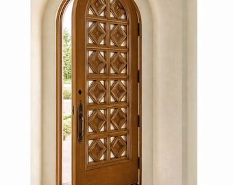 Solid Wood Arched Entry Door, Geometric Carving, Mediterranean Vintage